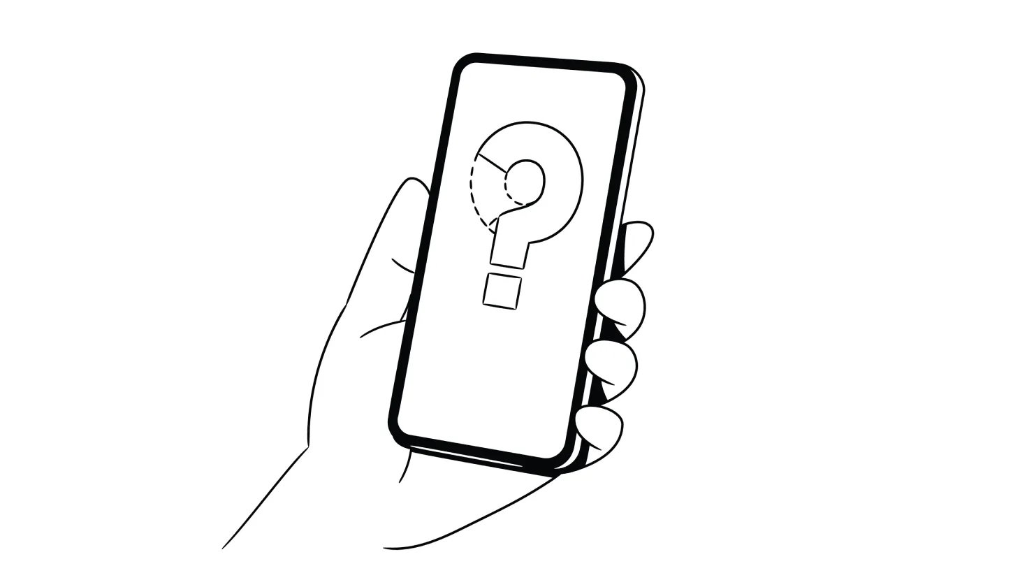 Illustration of a hand holding a smartphone with a question mark on the screen